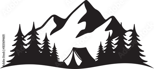 silhouette camping tent mountain backdrop