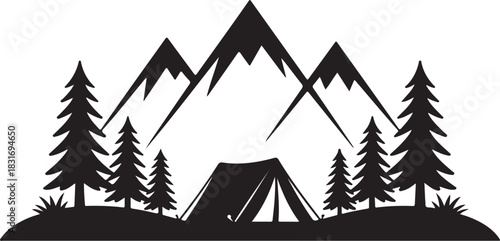 silhouette camping tent mountain backdrop