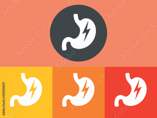 A graphic representation of a stomach with a lightning bolt symbolizing pain, suggesting digestive issues or discomfort.