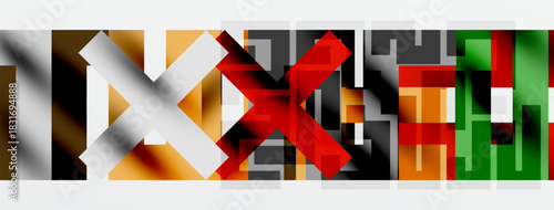 Abstract geometric composition. Rectangles intersect, creating dynamic visual effect. Colors range from warm to cool tones.