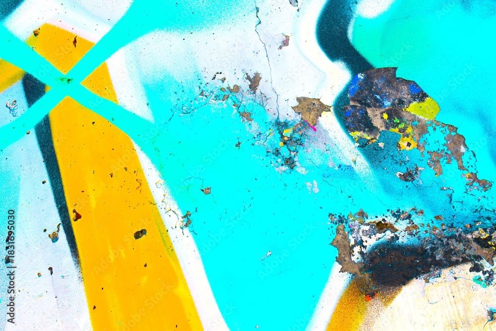 Fototapeta premium Abstract graffiti art in blue, yellow, white with urban 90s style, bold strokes, distressed texture. Street art, urban decor, digital backgrounds, modern 90s, Y2K creative banner.