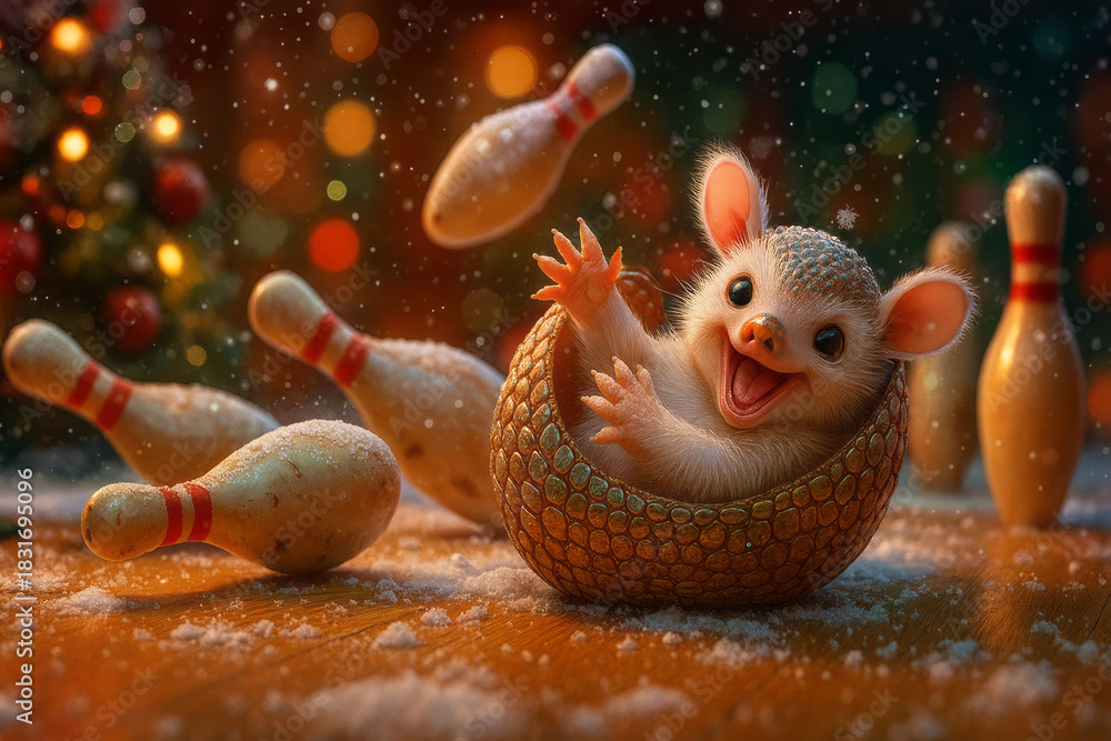 Obraz premium Festive armadillo bowling scene with snowflakes, Christmas tree, and candy-striped pins. Ideal for holiday marketing, toy brands, family entertainment, seasonal campaigns
