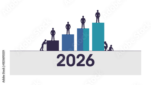 Growth Blueprint: A symbolic illustration showcasing people climbing and building success in the year 2026, representing future goals and progress. 