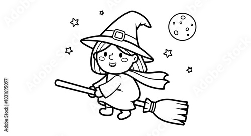 Adorable witch flying on a broomstick at night with stars and moon in black and white