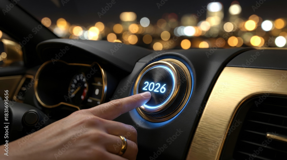 Obraz premium Hand pressing a glowing 2026 start button on a luxury car dashboard. Night city driving concept representing the beginning of a New Year journey with blurred bokeh lights. 
