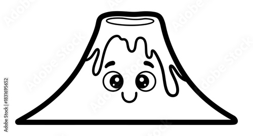 Smiling cartoon volcano with lava drips in black and white outline
