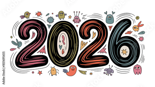 Vivid 2026: An eye-catching illustration of the year 2026, creatively adorned with whimsical shapes and colorful details, evoking a sense of anticipation and imagination.