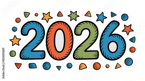 Countdown to 2026: A vibrant and whimsical illustration of the year 2026, surrounded by colorful stars, circles, and confetti. Evoking a sense of anticipation and celebration. 