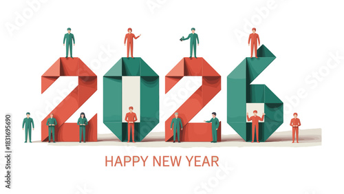 New Year 2026: The start of a new year represented by the year 2026, composed of folded paper and figures of people representing teamwork and vision. A concept to embrace progress.