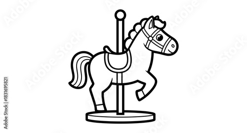 Carousel horse icon: minimalist black and white artwork in linear style