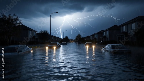Flooded street with cars and lightning storm