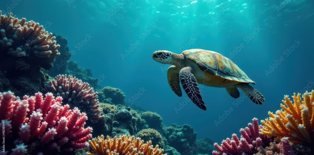Fototapeta premium Elegant green turtle swims amidst colorful coral, deep blue background , diving, background