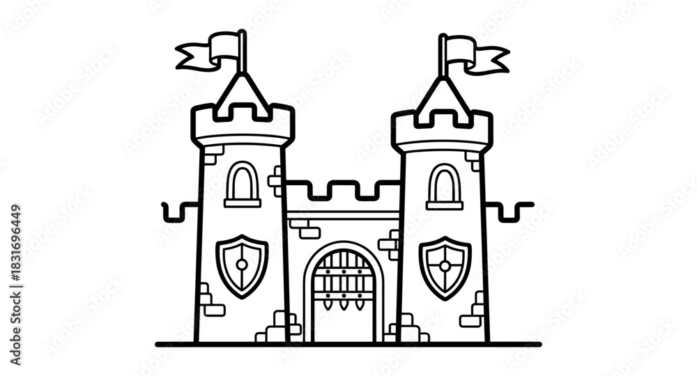 Naklejka premium Medieval castle with two towers and flags in linear style