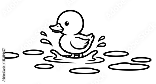 Cute baby duck in water puddle with splash fun line art drawing