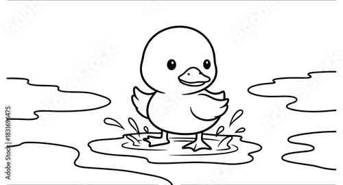 Cute duckling outline splashes in puddle: fun children's coloring page design