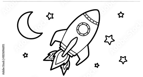 Black and white rocket ship with stars and moon in night sky