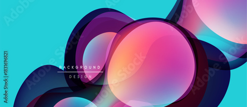 Abstract fluid shapes overlap, creating vibrant color gradients. Turquoise background complements pinks, purples, blues. Modern design element.