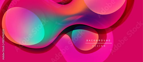 Abstract fluid shapes, vibrant colors blend. Pink dominates, orange, turquoise accents present. Modern design, smooth gradients create dynamic visual effect.