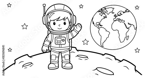 Cute astronaut on the moon with earth in the background in black and white