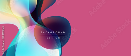 Abstract fluid shapes blend, creating vibrant color gradients. Pink dominates right side, text reads background design. Modern, dynamic composition.