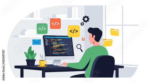 Programmer sitting at desk coding on computer with plant and coffee mug - technology and software development concept