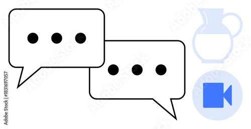 Two speech bubbles with ellipses beside a camera icon and a pitcher, suggesting communication, feedback, and simplicity. Ideal for messaging, digital interaction, communication tools, teamwork