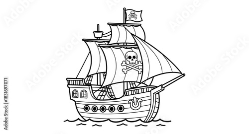 Black and white pirate ship outline with skull flag for nautical themes