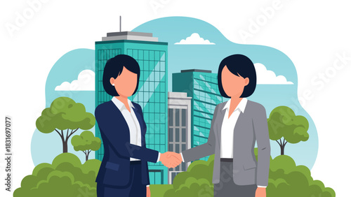 Business Agreement Illustration Two Businesswomen Shaking Hands Over Cityscape