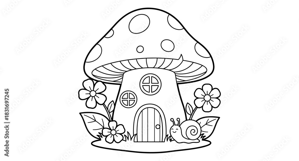 Naklejka premium Whimsical mushroom house with floral accents and cute snail in outline
