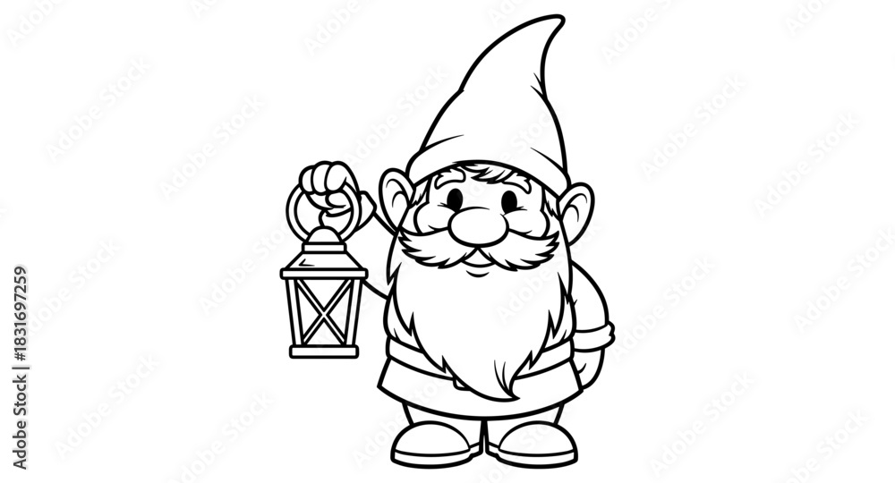 Naklejka premium Charming outline of gnome with lantern and pointy hat for coloring