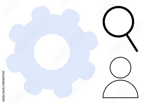 Large gear, minimal magnifying glass, and user icon signify teamwork, search efficiency, customer focus, development strategy, data flow analysis, collaboration, and innovation in a simple flat