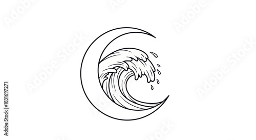 Minimalist Wave and Moon Illustration Emphasizing Serenity and Nature's Cycles