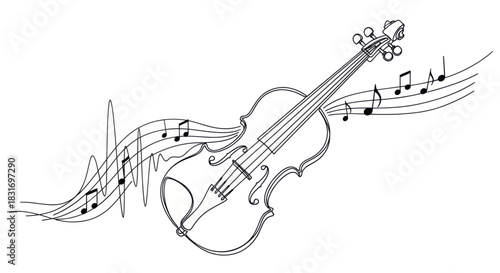 Minimalist Line Art Illustration of a Violin with Musical Notes Flowing Through the Air