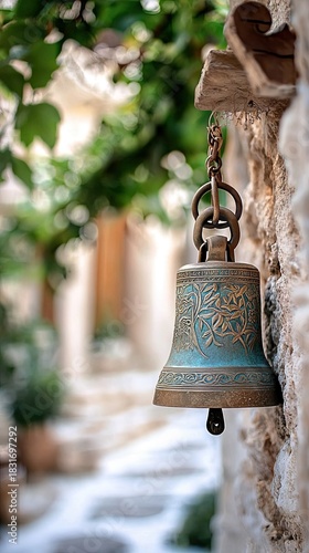 Fototapeta Naklejka Na Ścianę i Meble -  A close-up of a bronze bell hanging on a stone wall, with a blurred background of a village street, lush greenery, and soft natural light.