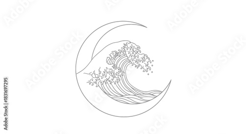 Minimalist Artistic Illustration Depicting a Crescent Moon Encircling a Turbulent Ocean Wave Design