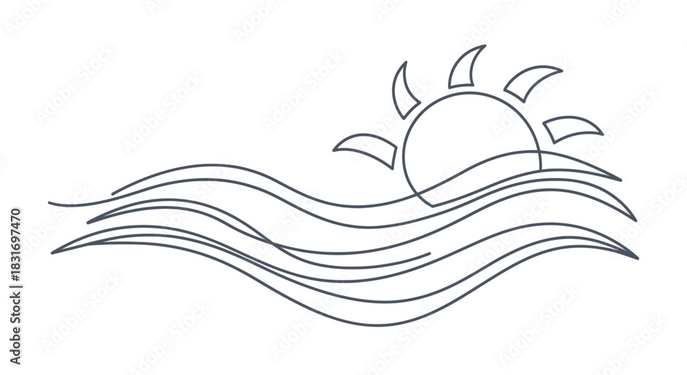 Obraz premium Minimalist Line Drawing of a Rising Sun Over Waves Depicting Dawn or Sunset