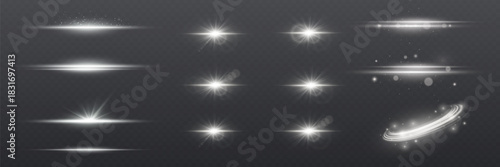 Set of glowing white light effects with flares, sparkles and transparent shine on dark background.