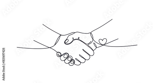Minimalist line art illustration of a heartfelt handshake with a small heart symbol