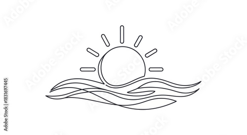 Minimalist Line Art of Sun Rising Over Ocean Waves with Simplicity and Elegance