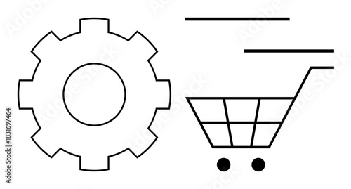 Gear next to moving shopping cart emphasizes e-commerce efficiency. Ideal for retail, technology, automation, logistics, business growth, innovation, and digital transformation themes. Minimalist