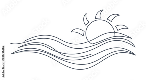 Minimalist Line Drawing of a Rising Sun Over Waves Depicting Dawn or Sunset