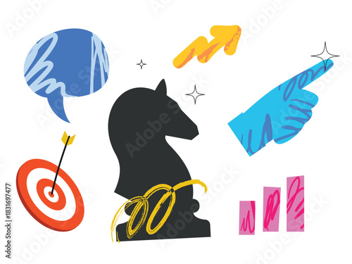 Chess knight with ornament, target, graphic chart, hand pointing, success strategy