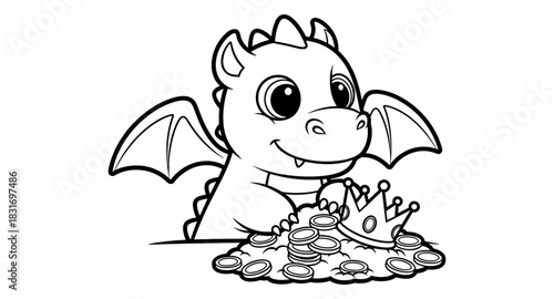 Cute dragon guarding treasure: black and white cartoon with crown and coins