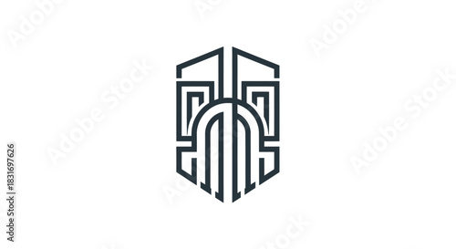 Abstract geometric maze emblem with intricate line patterns forming a symmetrical shield design
