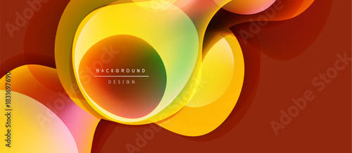 Abstract fluid shapes overlap, creating vibrant orange, yellow, green gradients. Modern design suggests energy, movement, dynamic composition.