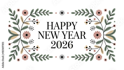 Happy New Year 2026: Celebrate the dawn of a New Year with a festive greeting framed by delicate floral and botanical elements. This artwork encapsulates the freshness of new beginnings.