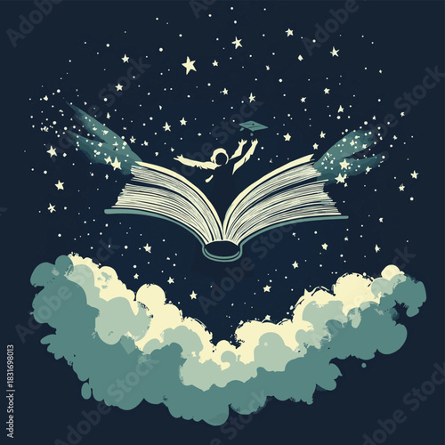 Illustration of a student in a graduation cap flying with wings made of an open book