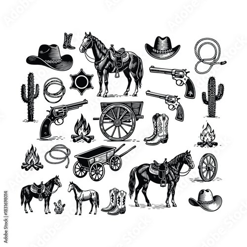 A large collection of detailed vintage-style illustrations featuring various elements of the American Wild West and cowboy culture, vector template