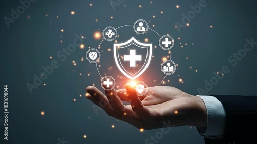 Hand holding a glowing shield with a medical cross surrounded by health-related icons, symbolizing health insurance and protection.