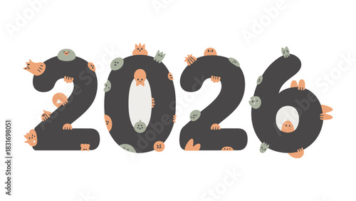 Year of Beasts: A vibrant depiction of the year 2026, where playful creatures playfully engage with each digit. This colorful and whimsical illustration is perfect for seasonal promotions.